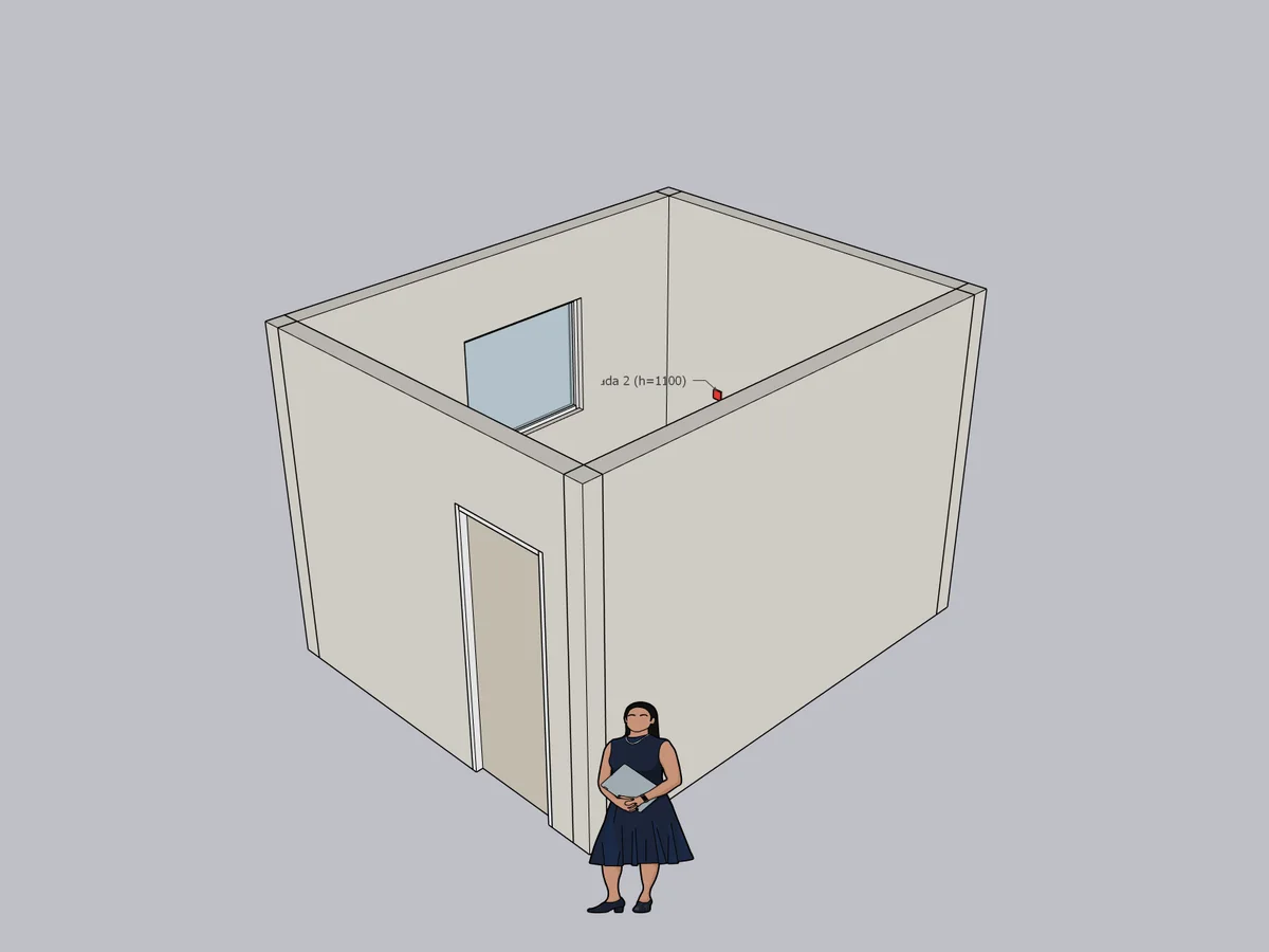 Vista do SketchUp: ambiente vazio de 3,60 por 2,80 m com porta e janela, desenhado pelo Daedalus