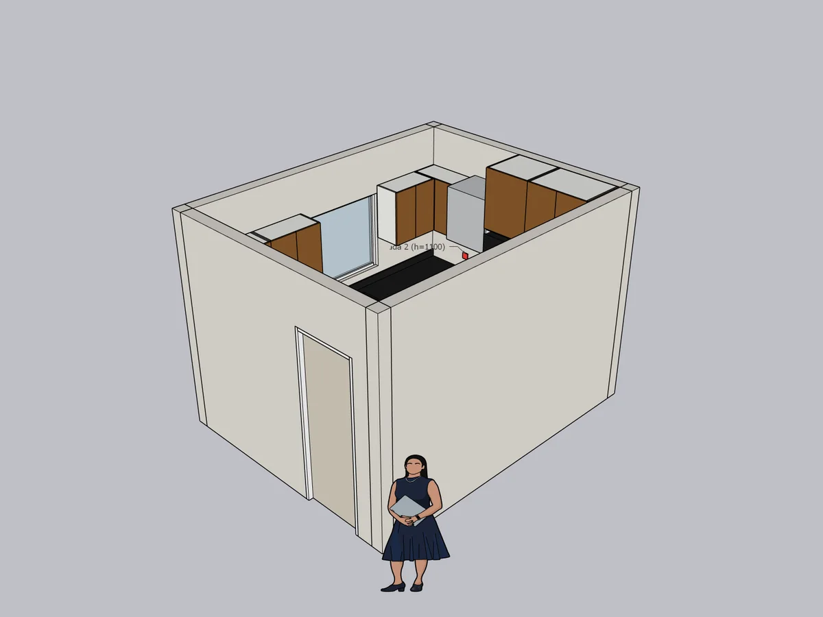 Vista do SketchUp: a mesma cozinha com balcões, aéreos, torre quente e geladeira em L