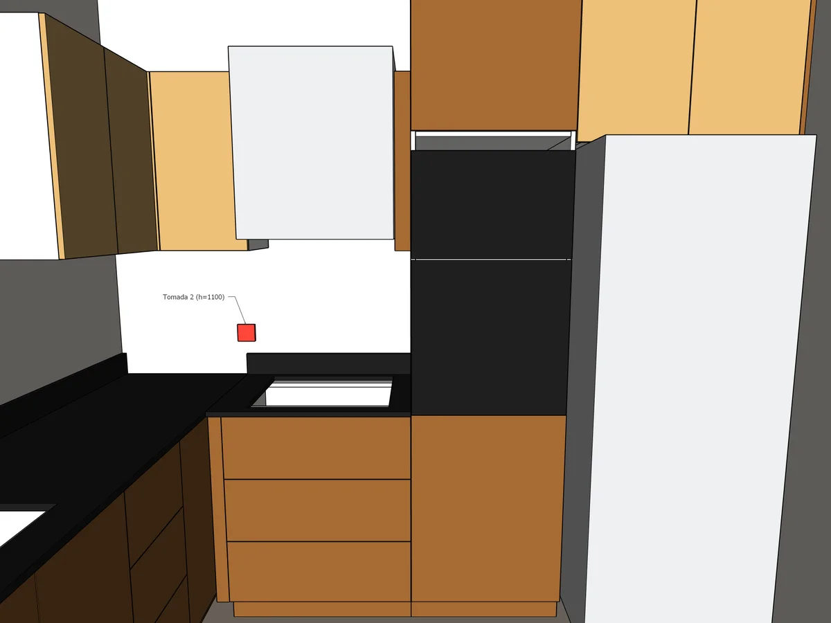 Vista de dentro da cozinha no SketchUp: aéreos em Carvalho Hanover, balcões em Freijó, torre e geladeira