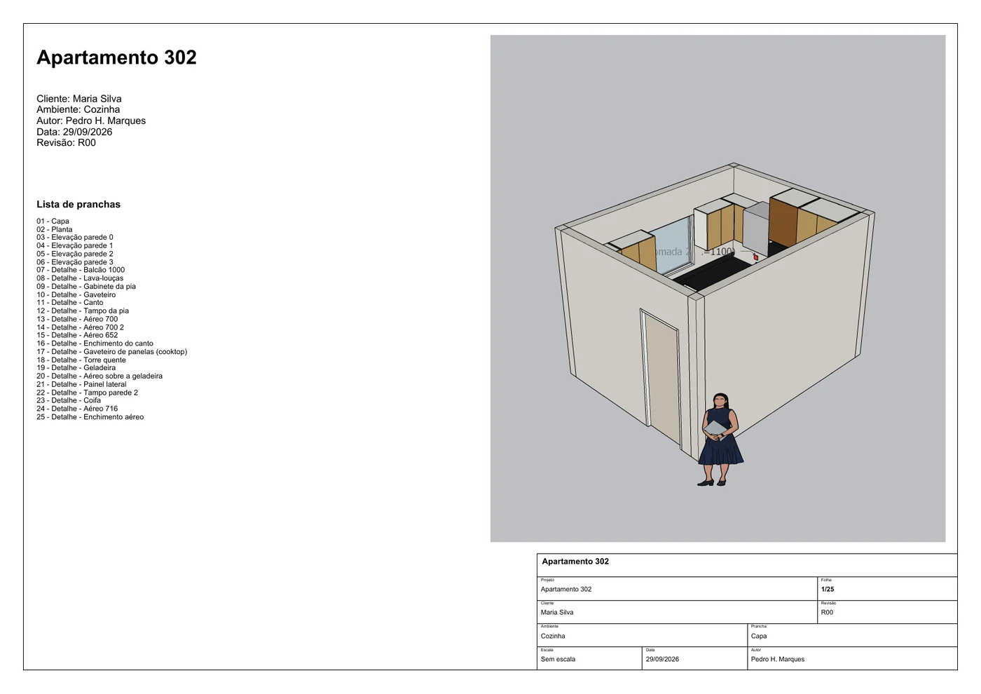 Capa do executivo gerado no LayOut: perspectiva da cozinha, lista de 25 pranchas e carimbo